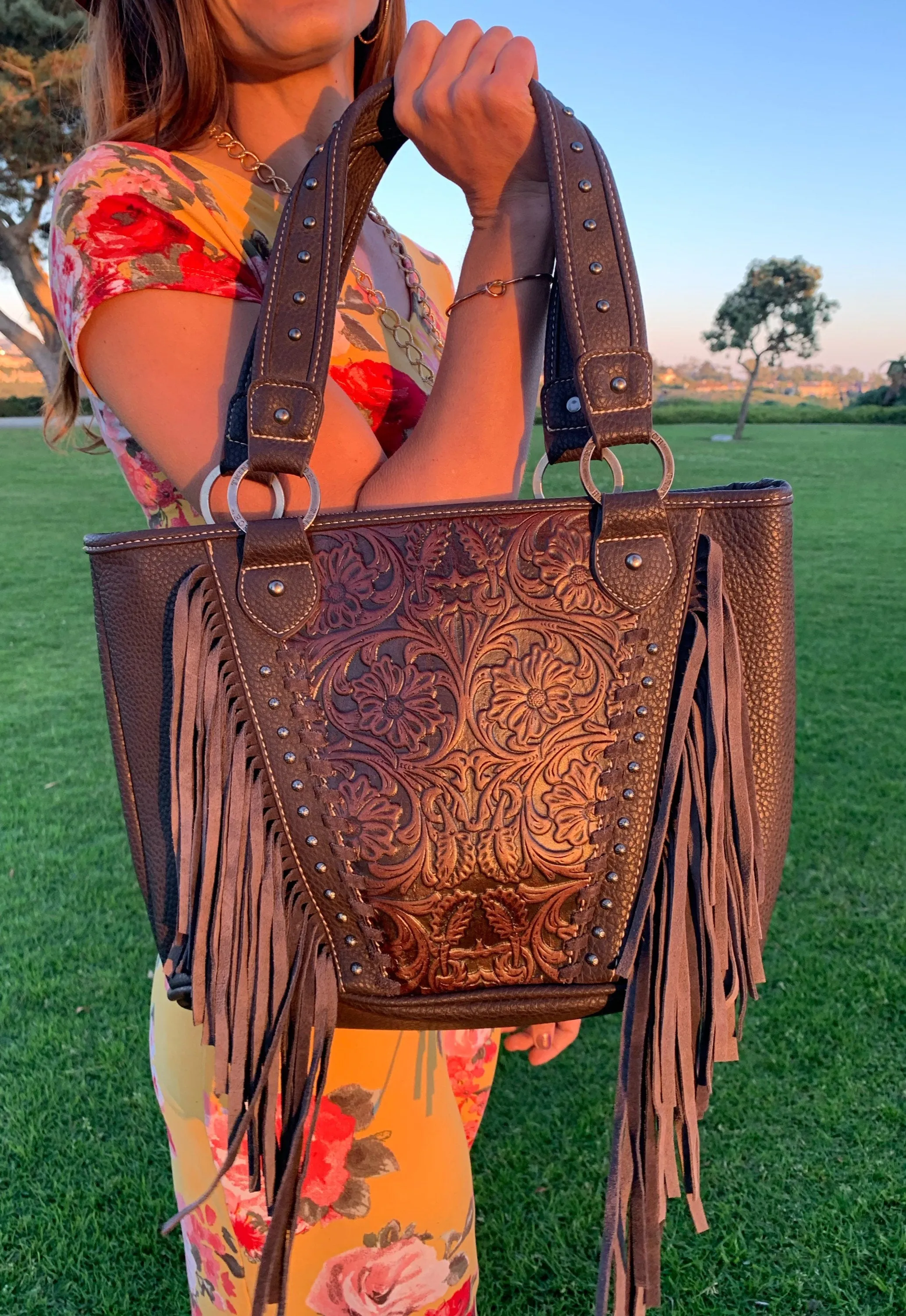 Embossed and Fringe Large Tote