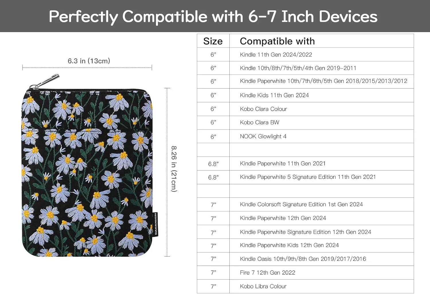 Embroidered Daisy Padded Sleeve for All-New Kindle Paperwhite, 7" Kindle Colorsoft Signature Edition, Protective Sleeve Case for 6" Kindle/Kindle Oasis/Kobo E-Reader, Blue Daisy