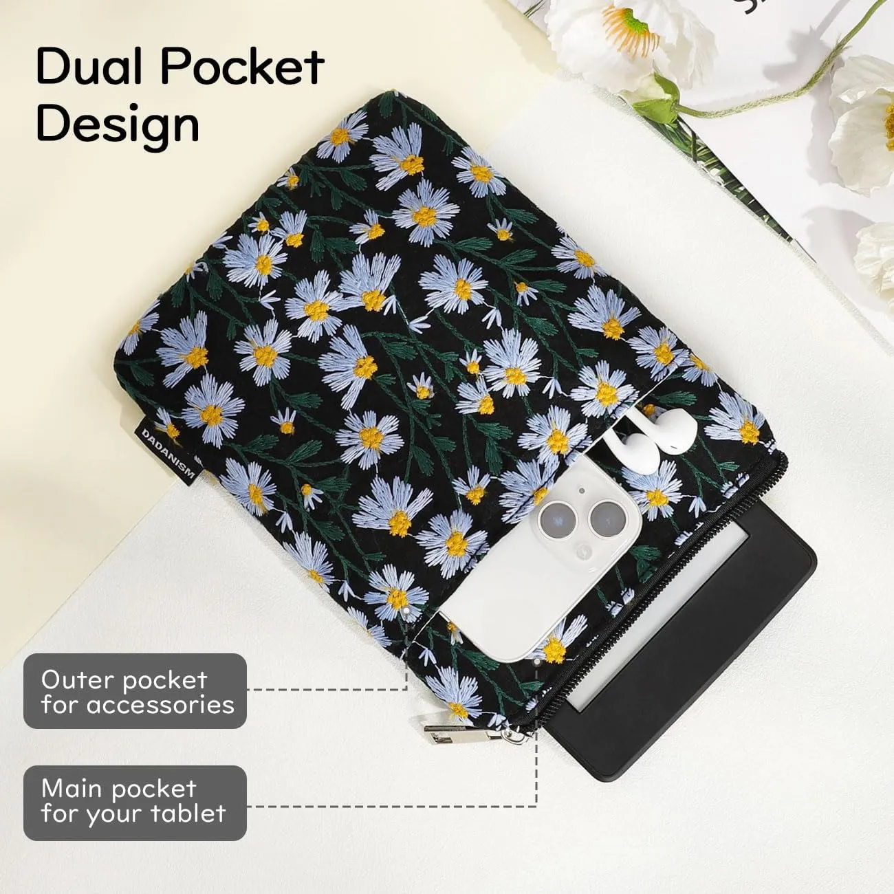 Embroidered Daisy Padded Sleeve for All-New Kindle Paperwhite, 7" Kindle Colorsoft Signature Edition, Protective Sleeve Case for 6" Kindle/Kindle Oasis/Kobo E-Reader, Blue Daisy
