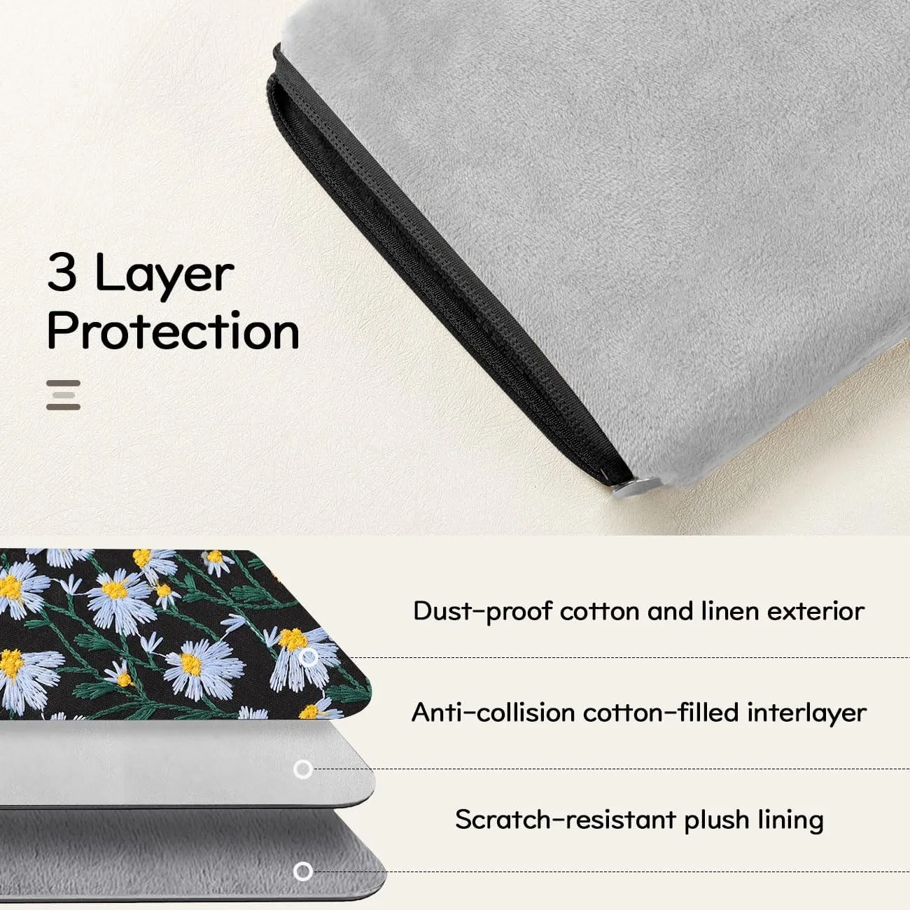 Embroidered Daisy Padded Sleeve for All-New Kindle Paperwhite, 7" Kindle Colorsoft Signature Edition, Protective Sleeve Case for 6" Kindle/Kindle Oasis/Kobo E-Reader, Blue Daisy