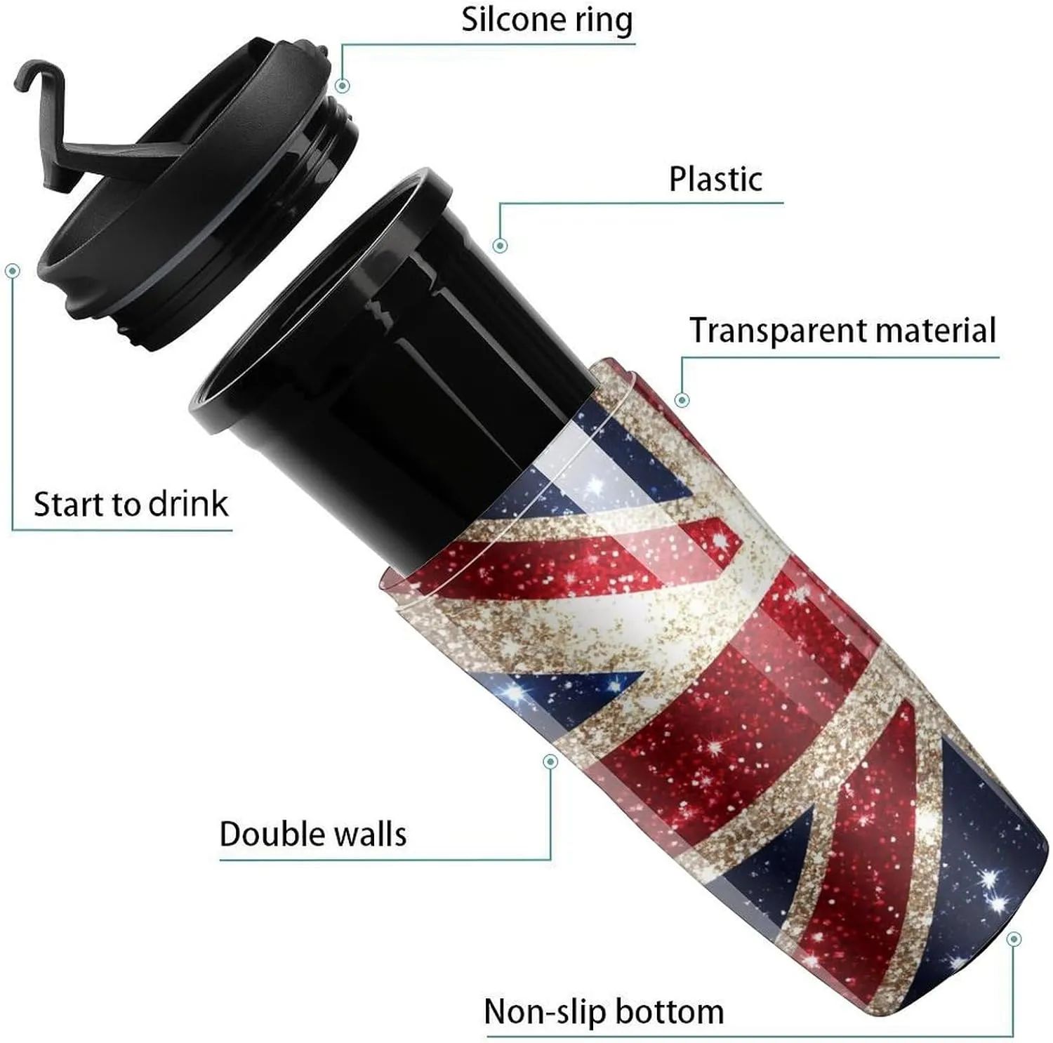 England Shining UK Flag Print Coffee Mug with Lid Portable Tumbler Water Bottle for Travel Business 350ml