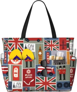 England Symbols Print Large Tote Bag For Women, Travel Shoulder Bag Handle Handbag For Gym, Work, Travel