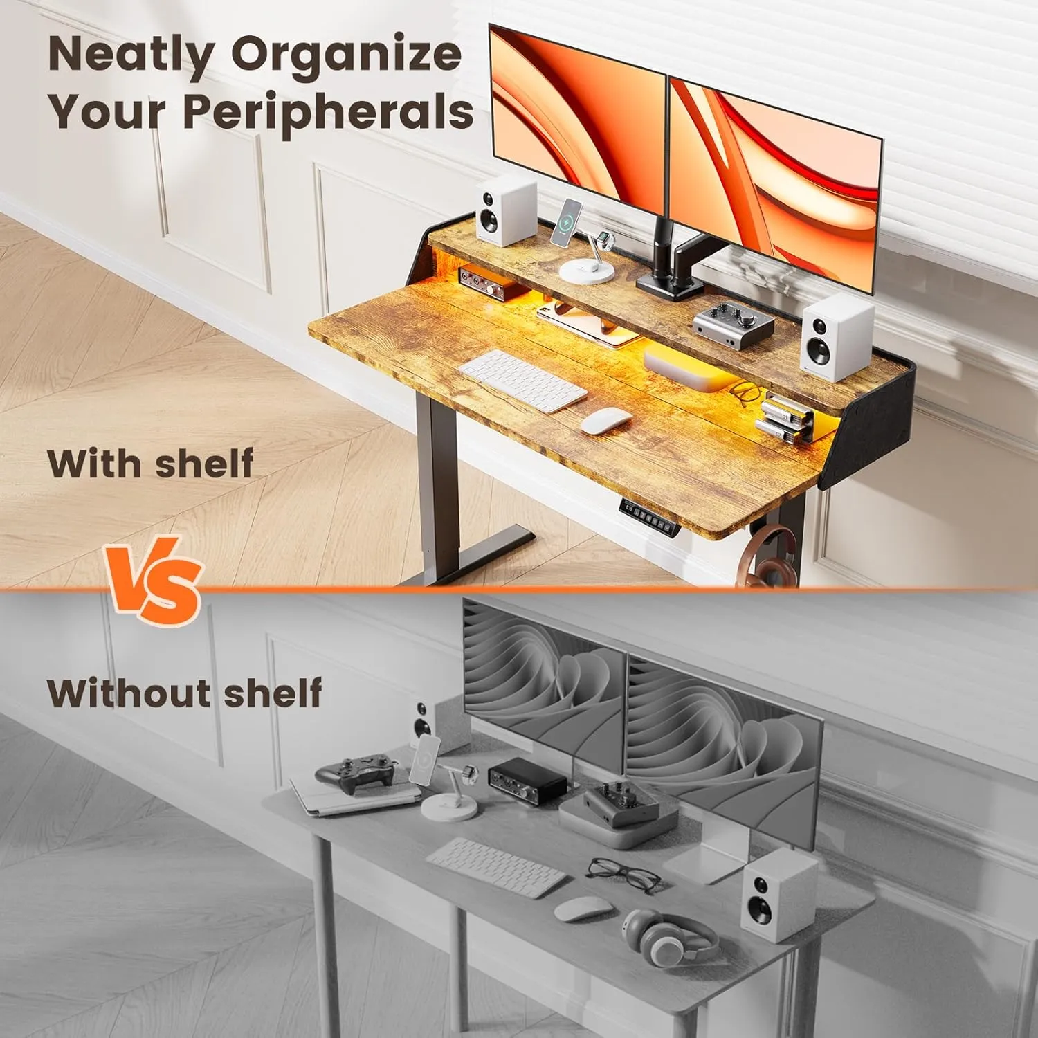 ErGear Standing Desk with LED Strip, 48″ x 24″ Electric Height Adjustable RGB Gaming Table with Shelf, Sit Stand Desk with Dual Cable Holes, C-Clamp Mount Compatible, 4 Preset Heights, Vintage Brown