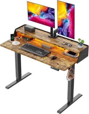 ErGear Standing Desk with LED Strip, 48″ x 24″ Electric Height Adjustable RGB Gaming Table with Shelf, Sit Stand Desk with Dual Cable Holes, C-Clamp Mount Compatible, 4 Preset Heights, Vintage Brown