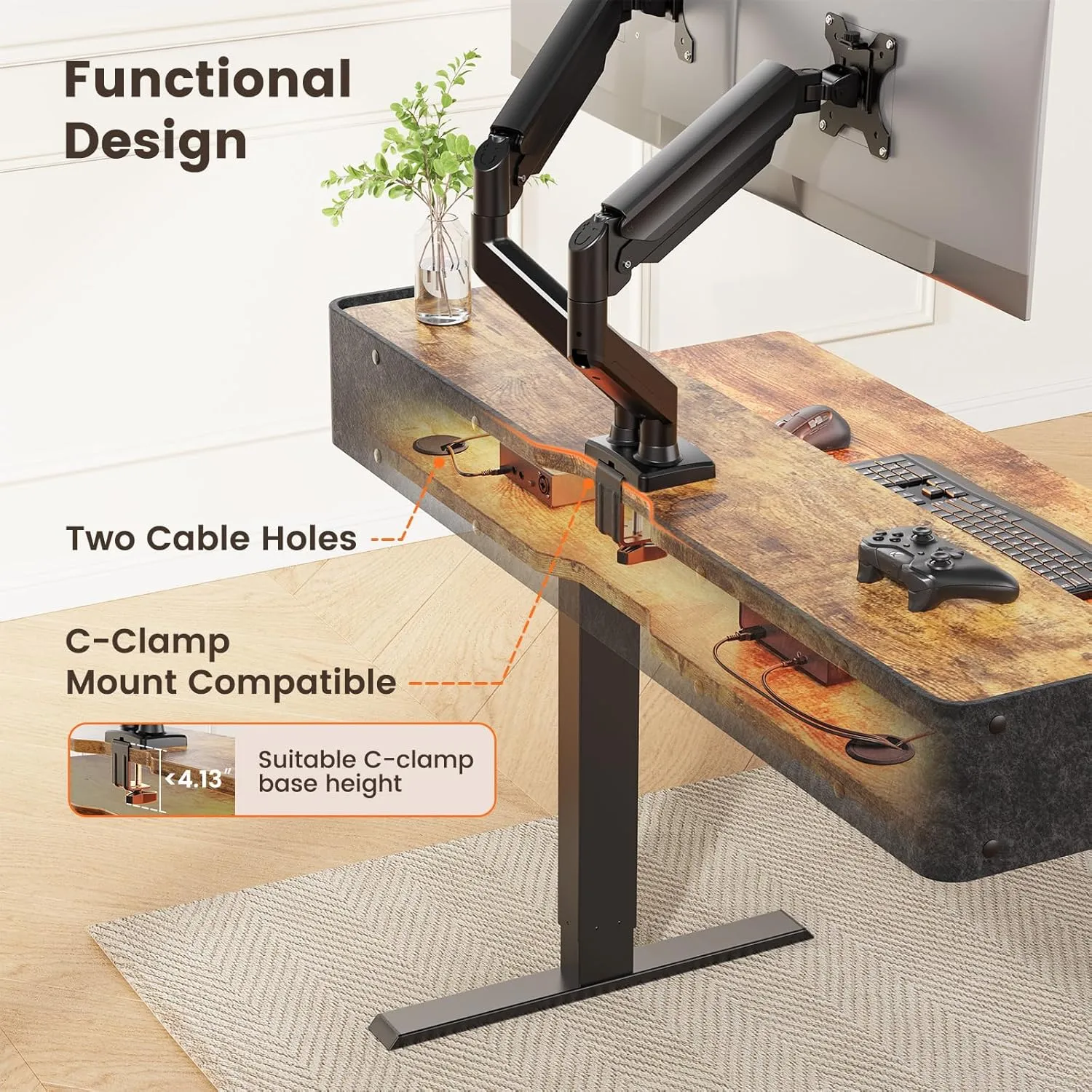ErGear Standing Desk with LED Strip, 48″ x 24″ Electric Height Adjustable RGB Gaming Table with Shelf, Sit Stand Desk with Dual Cable Holes, C-Clamp Mount Compatible, 4 Preset Heights, Vintage Brown