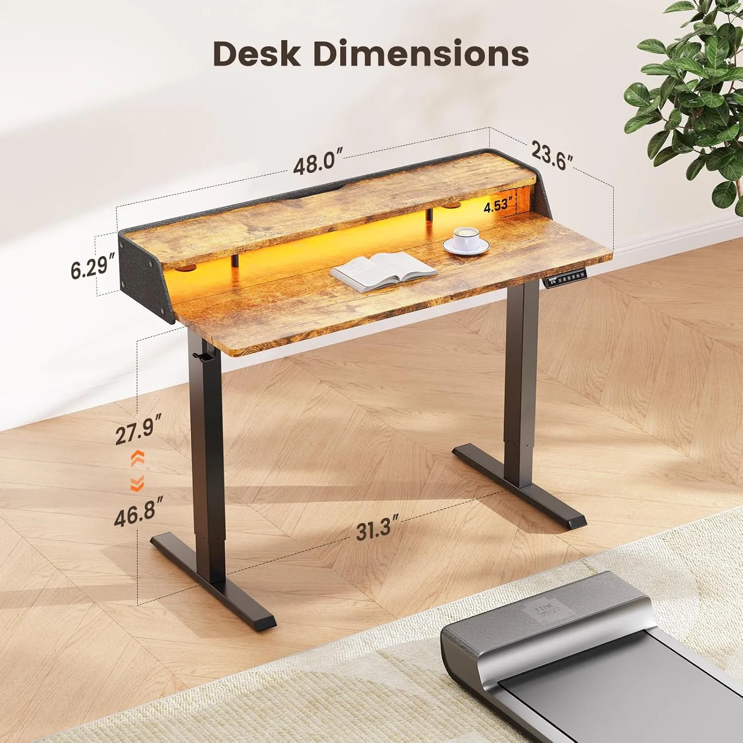 ErGear Standing Desk with LED Strip, 48″ x 24″ Electric Height Adjustable RGB Gaming Table with Shelf, Sit Stand Desk with Dual Cable Holes, C-Clamp Mount Compatible, 4 Preset Heights, Vintage Brown