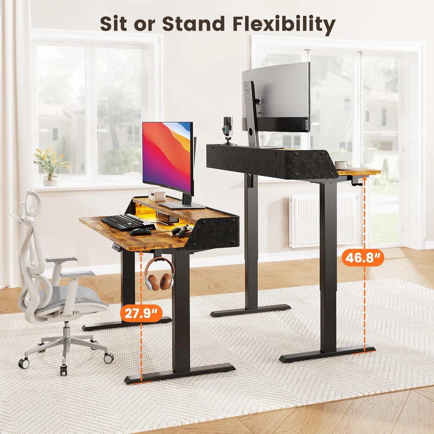 ErGear Standing Desk with LED Strip, 48″ x 24″ Electric Height Adjustable RGB Gaming Table with Shelf, Sit Stand Desk with Dual Cable Holes, C-Clamp Mount Compatible, 4 Preset Heights, Vintage Brown