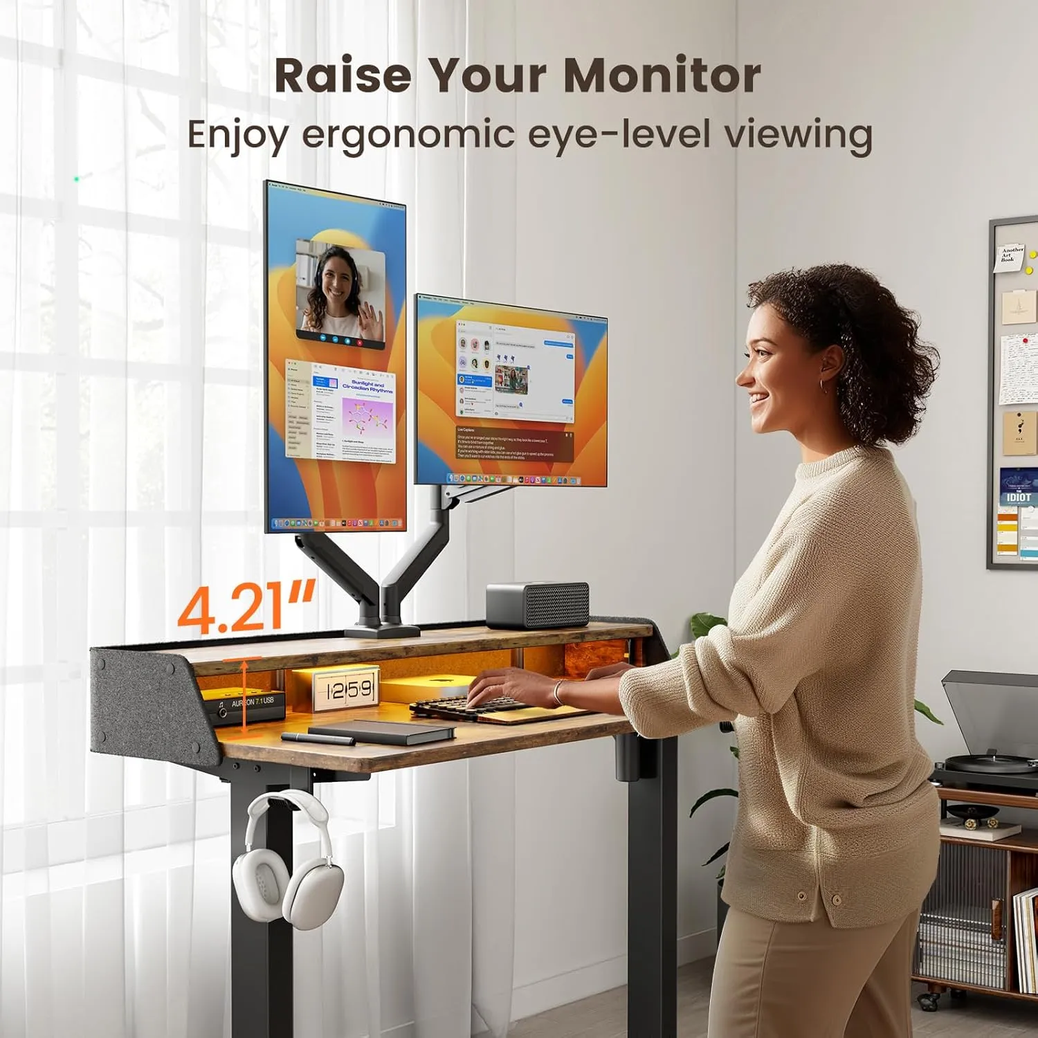 ErGear Standing Desk with LED Strip, 48″ x 24″ Electric Height Adjustable RGB Gaming Table with Shelf, Sit Stand Desk with Dual Cable Holes, C-Clamp Mount Compatible, 4 Preset Heights, Vintage Brown