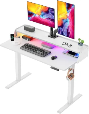 ErGear Standing Desk with LED Strip, 48″ x24″ Electric Height Adjustable RGB Gaming Table with Shelf, Sit Stand Desk with Dual Cable Holes, C-Clamp Mount Compatible, 4 Preset Heights, White