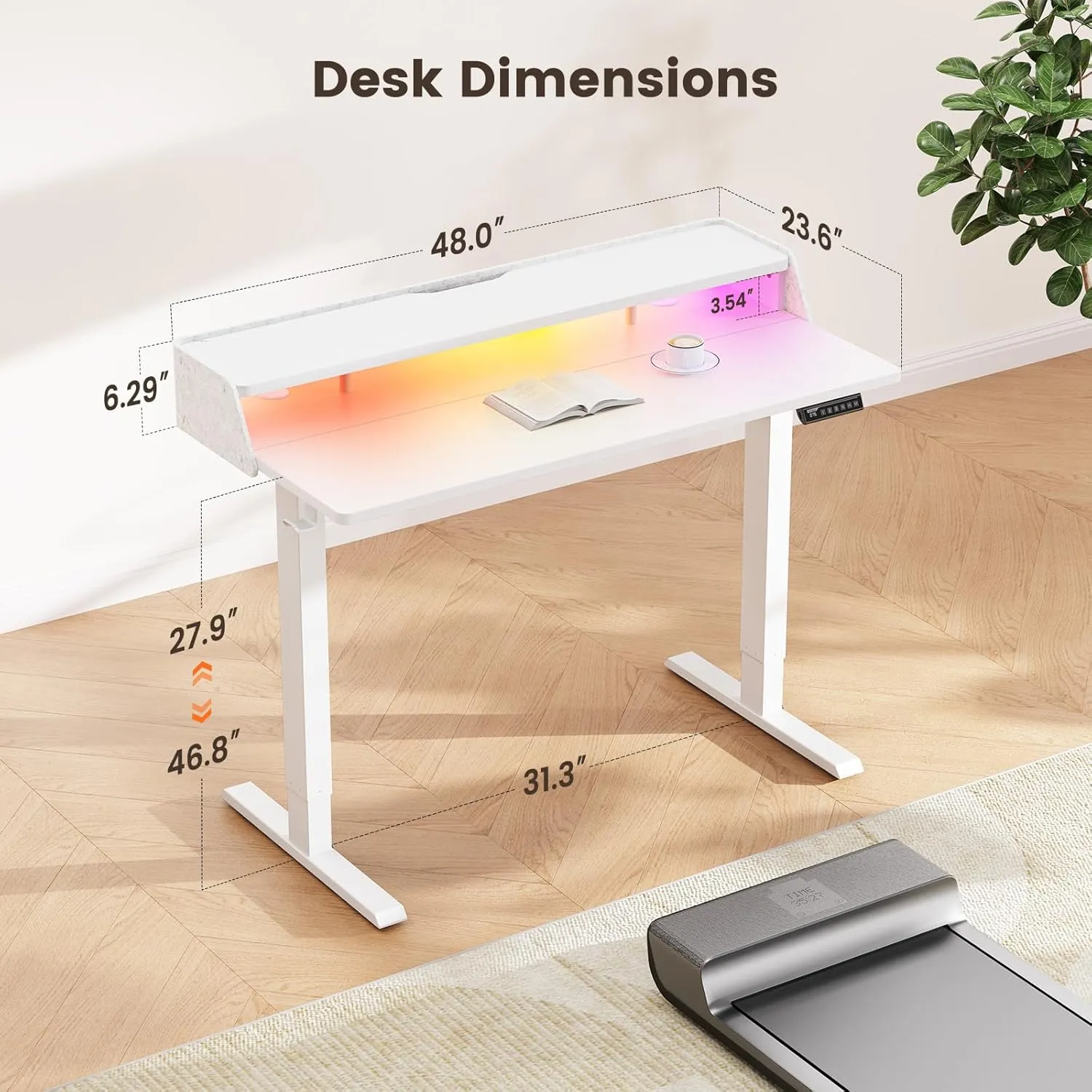 ErGear Standing Desk with LED Strip, 48″ x24″ Electric Height Adjustable RGB Gaming Table with Shelf, Sit Stand Desk with Dual Cable Holes, C-Clamp Mount Compatible, 4 Preset Heights, White