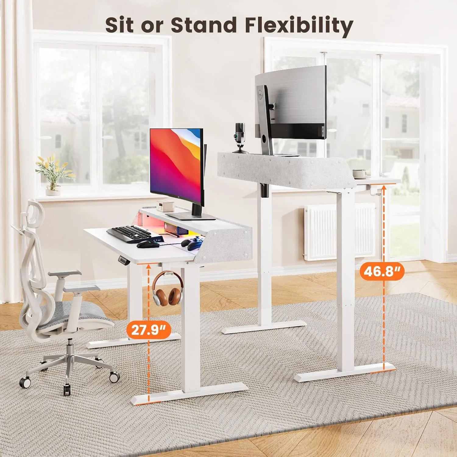 ErGear Standing Desk with LED Strip, 48″ x24″ Electric Height Adjustable RGB Gaming Table with Shelf, Sit Stand Desk with Dual Cable Holes, C-Clamp Mount Compatible, 4 Preset Heights, White