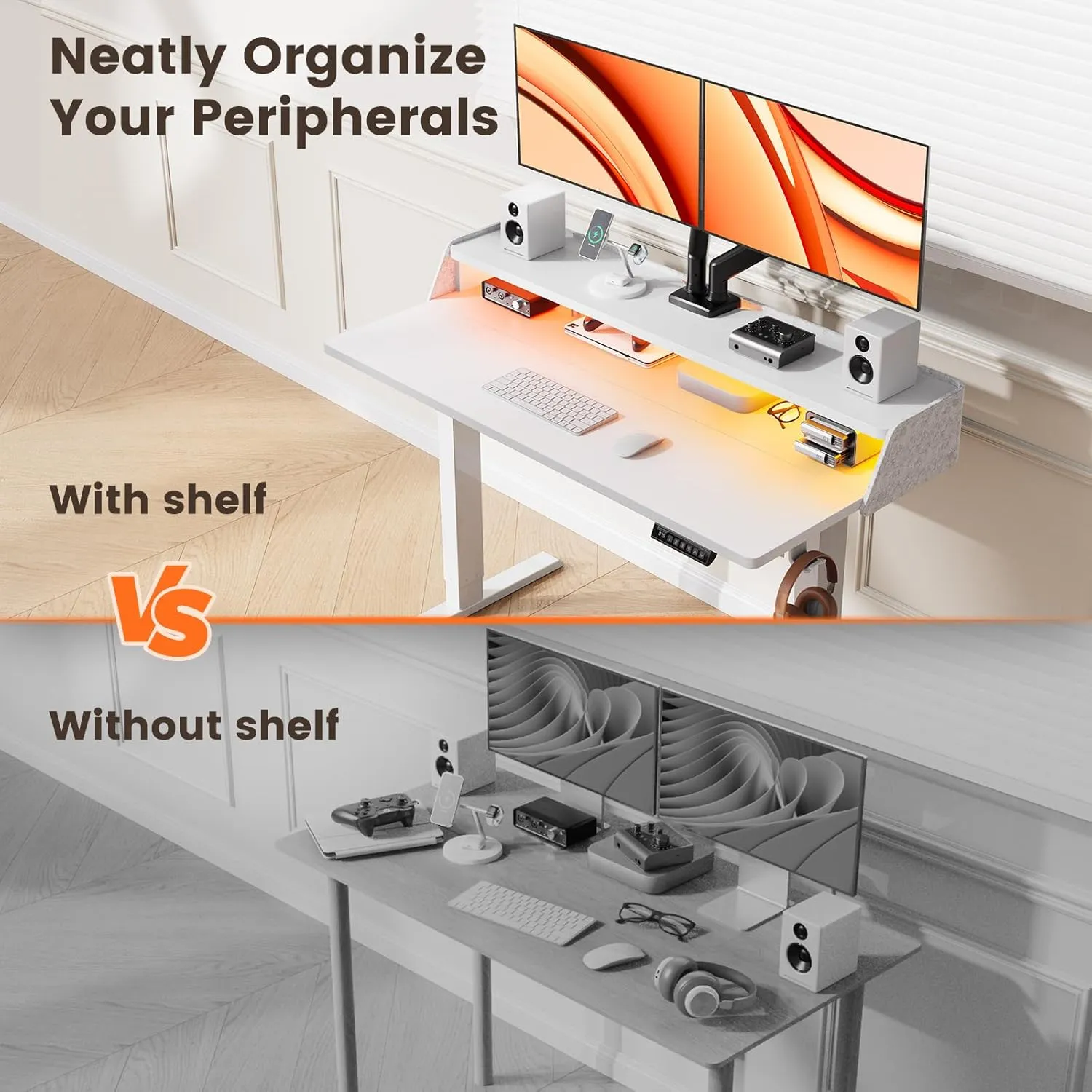 ErGear Standing Desk with LED Strip, 48″ x24″ Electric Height Adjustable RGB Gaming Table with Shelf, Sit Stand Desk with Dual Cable Holes, C-Clamp Mount Compatible, 4 Preset Heights, White