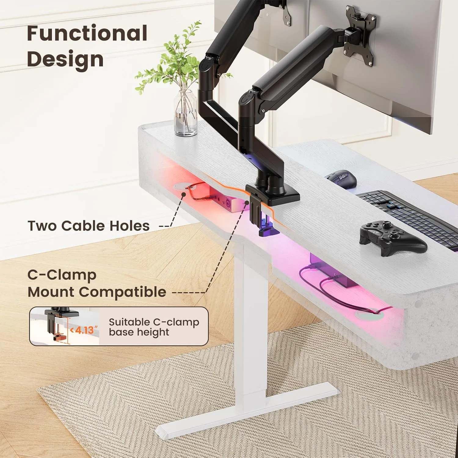 ErGear Standing Desk with LED Strip, 48″ x24″ Electric Height Adjustable RGB Gaming Table with Shelf, Sit Stand Desk with Dual Cable Holes, C-Clamp Mount Compatible, 4 Preset Heights, White