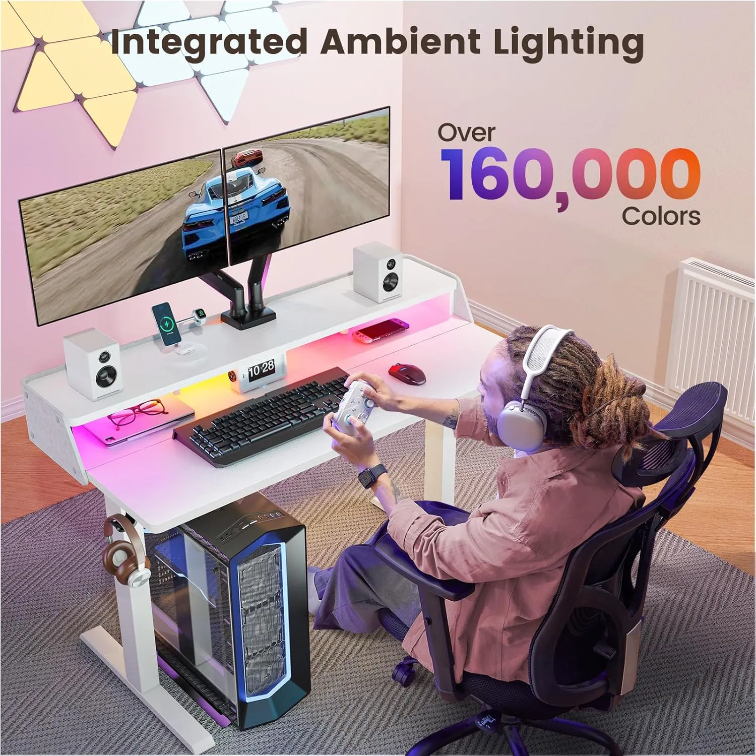 ErGear Standing Desk with LED Strip, 48″ x24″ Electric Height Adjustable RGB Gaming Table with Shelf, Sit Stand Desk with Dual Cable Holes, C-Clamp Mount Compatible, 4 Preset Heights, White