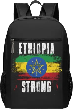 Ethiopia Strong Graffiti Flag Casual Backpacks Sports Backpack Large Capacity Travel Rucksack Laptop Daypack with Multi-Pockets Adjustable Strap Work Bag for Hiking
