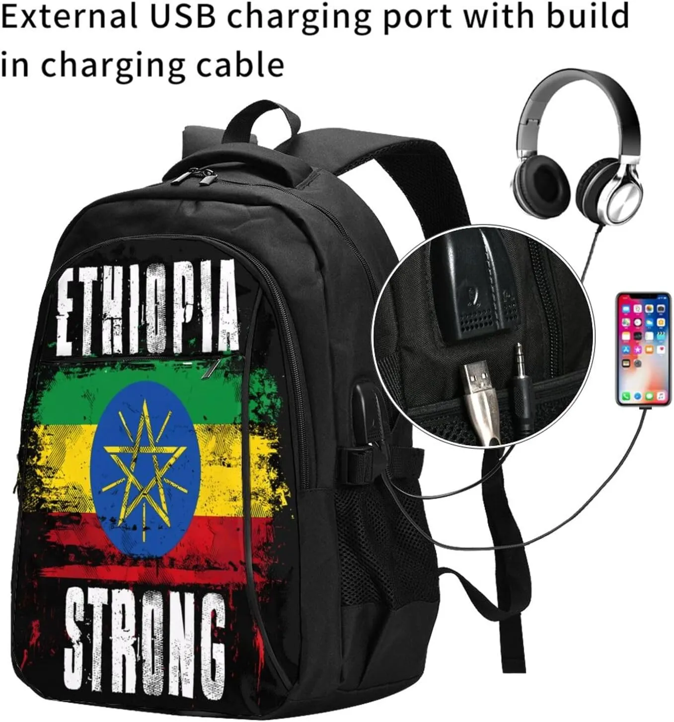 Ethiopia Strong Graffiti Flag Casual Travel Backpacks Hiking Camping Backpack Large Outdoor Sport Daypack Laptop Rucksack Climbing Working Bags with USB Port