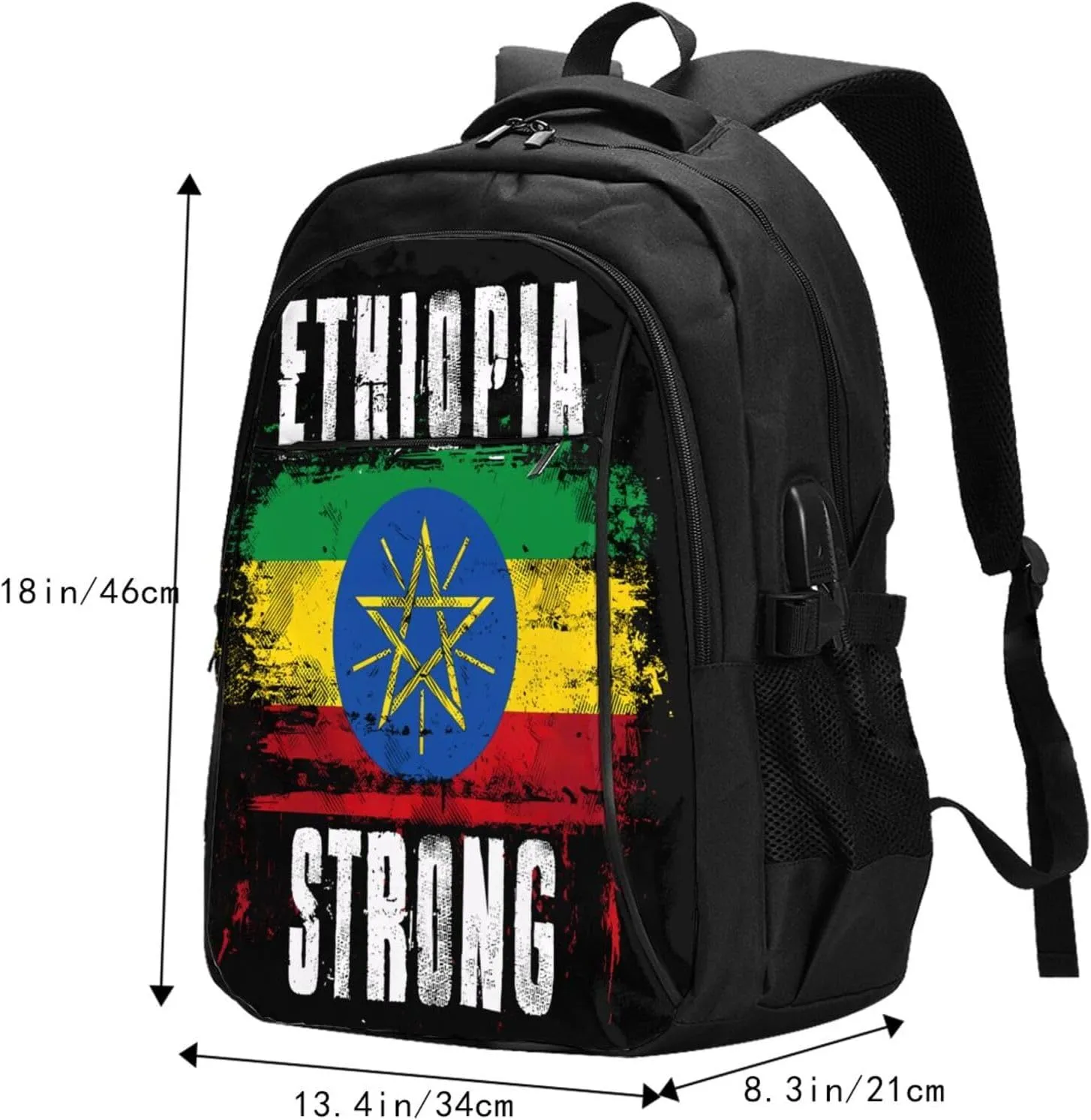 Ethiopia Strong Graffiti Flag Casual Travel Backpacks Hiking Camping Backpack Large Outdoor Sport Daypack Laptop Rucksack Climbing Working Bags with USB Port