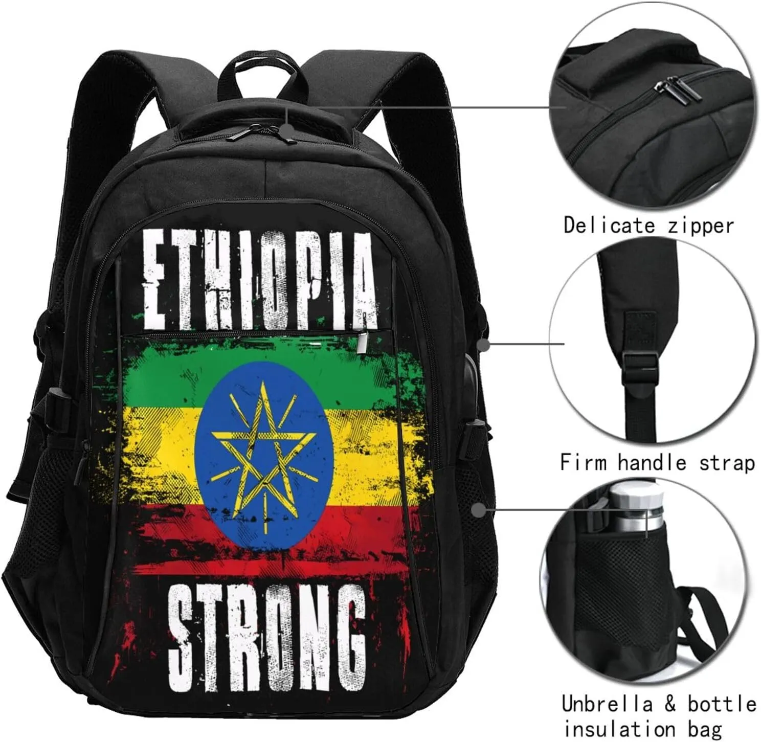 Ethiopia Strong Graffiti Flag Casual Travel Backpacks Hiking Camping Backpack Large Outdoor Sport Daypack Laptop Rucksack Climbing Working Bags with USB Port
