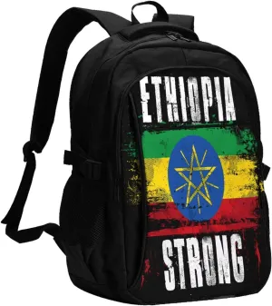 Ethiopia Strong Graffiti Flag Casual Travel Backpacks Hiking Camping Backpack Large Outdoor Sport Daypack Laptop Rucksack Climbing Working Bags with USB Port