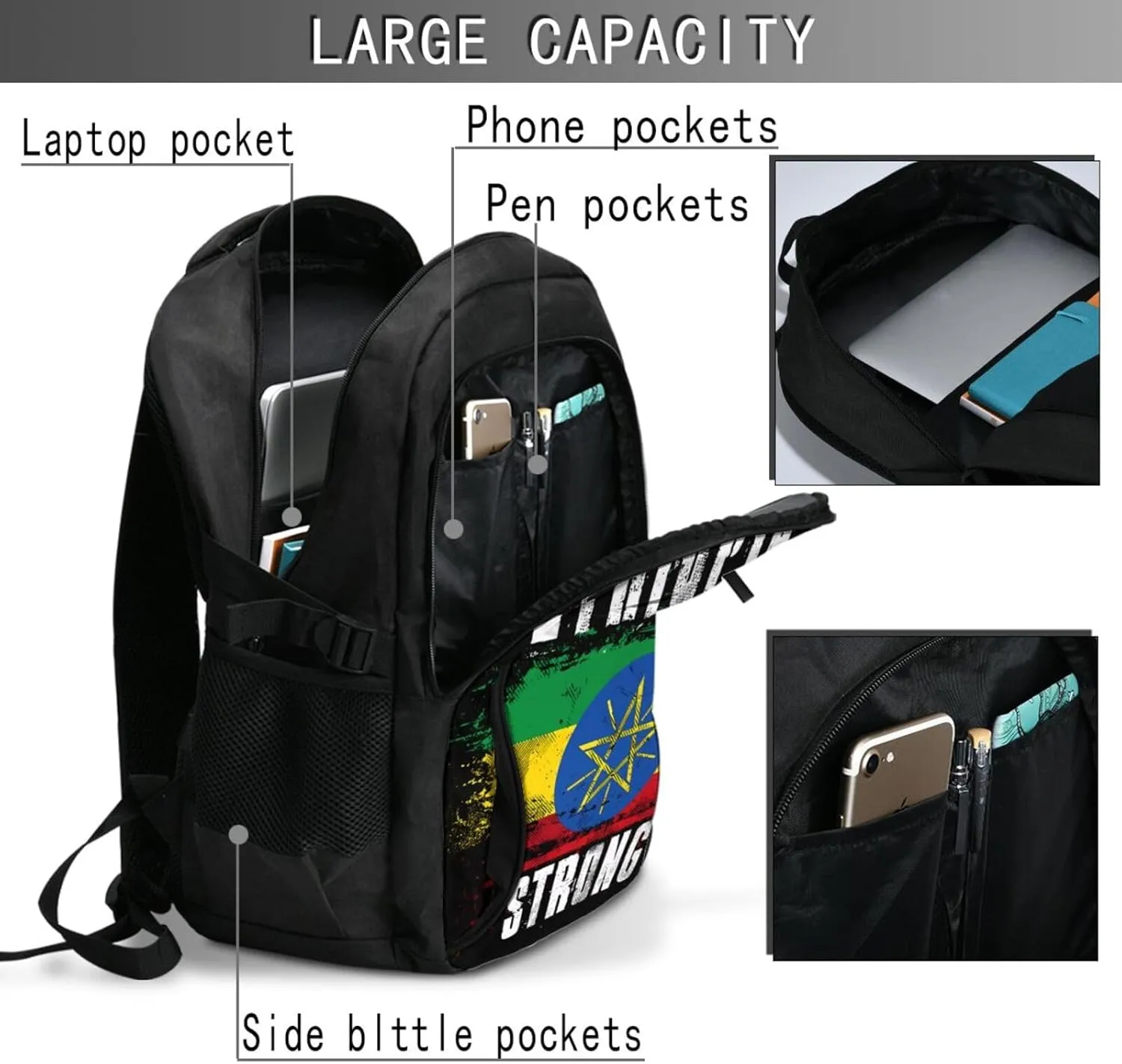 Ethiopia Strong Graffiti Flag Casual Travel Backpacks Hiking Camping Backpack Large Outdoor Sport Daypack Laptop Rucksack Climbing Working Bags with USB Port