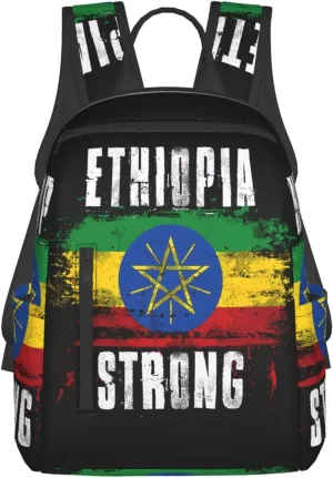 Ethiopia Strong Graffiti Flag Travel Backpacks Casual Laptop Backpack Sport Rucksack Large Capacity Daypack Multi-Pockets Adjustable Strap Bag for Working Hiking