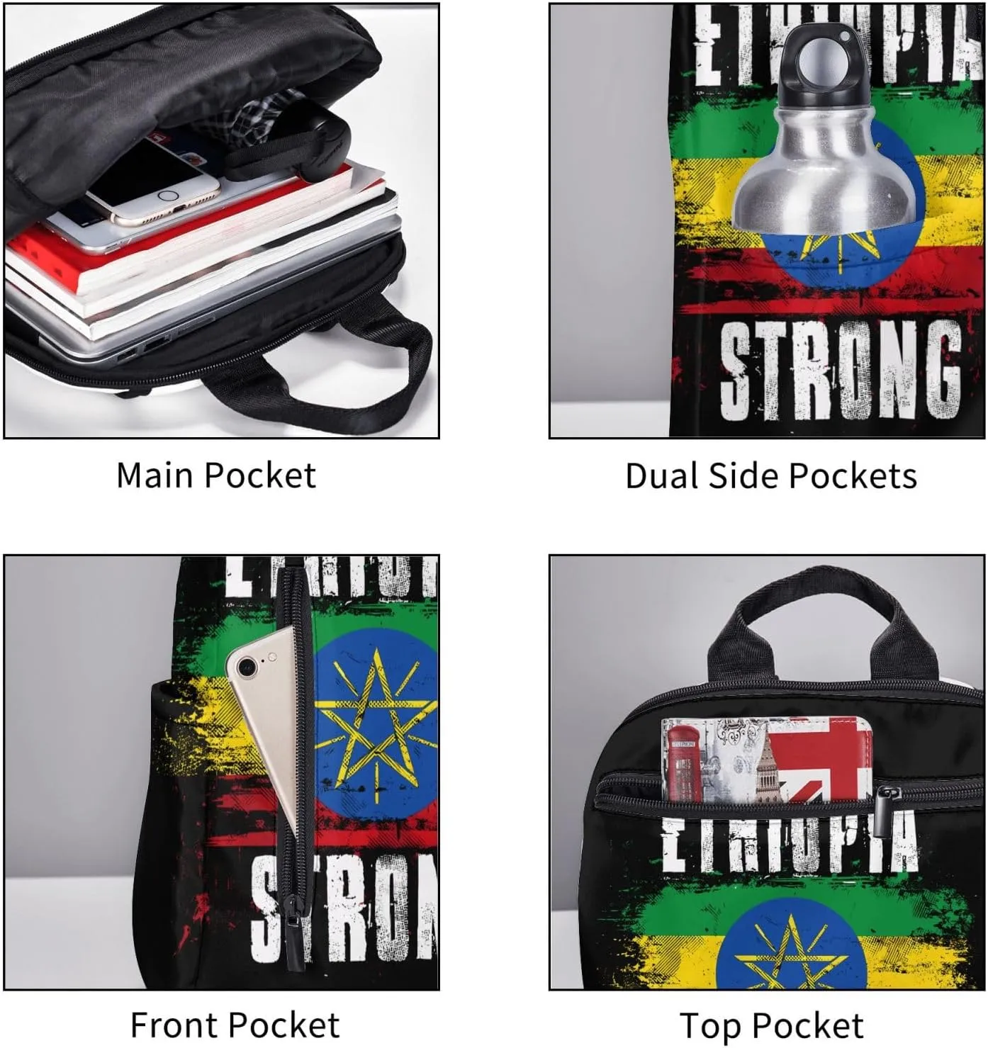 Ethiopia Strong Graffiti Flag Travel Backpacks Casual Laptop Backpack Sport Rucksack Large Capacity Daypack Multi-Pockets Adjustable Strap Bag for Working Hiking