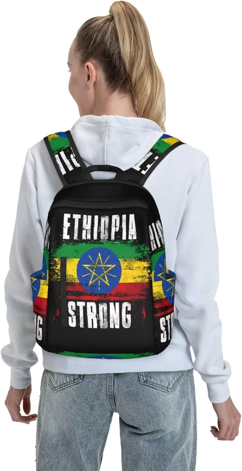 Ethiopia Strong Graffiti Flag Travel Backpacks Casual Laptop Backpack Sport Rucksack Large Capacity Daypack Multi-Pockets Adjustable Strap Bag for Working Hiking