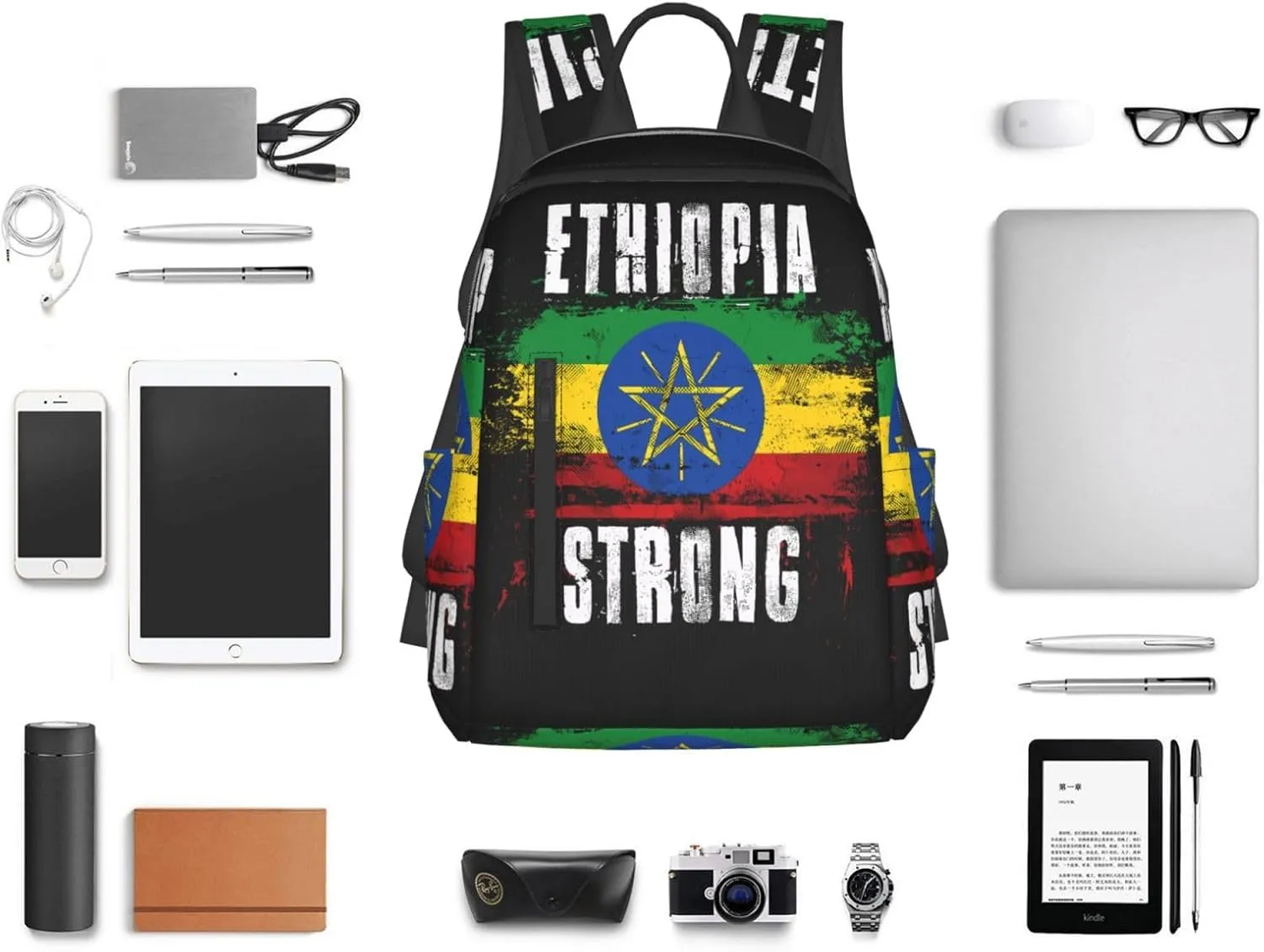 Ethiopia Strong Graffiti Flag Travel Backpacks Casual Laptop Backpack Sport Rucksack Large Capacity Daypack Multi-Pockets Adjustable Strap Bag for Working Hiking