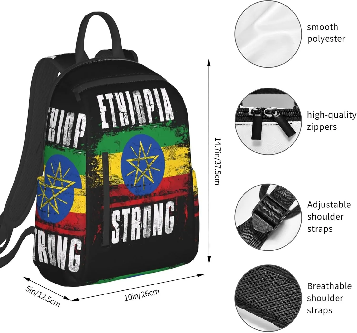 Ethiopia Strong Graffiti Flag Travel Backpacks Casual Laptop Backpack Sport Rucksack Large Capacity Daypack Multi-Pockets Adjustable Strap Bag for Working Hiking
