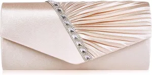 Evening Clutch Purse, Champagne Satin with Crystal Rhinestone Trim, Pleated Design