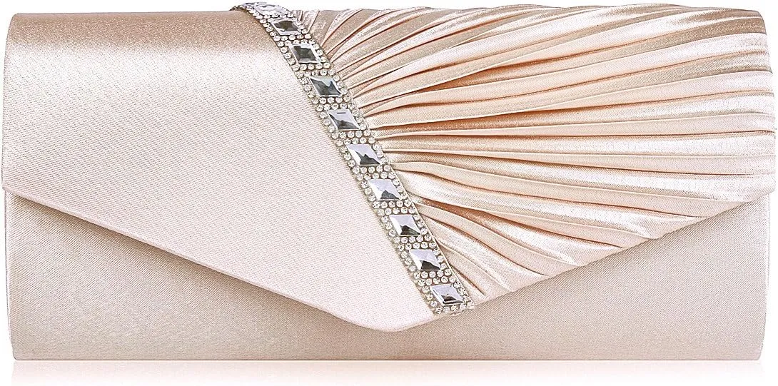 Evening Clutch Purse, Champagne Satin with Crystal Rhinestone Trim, Pleated Design