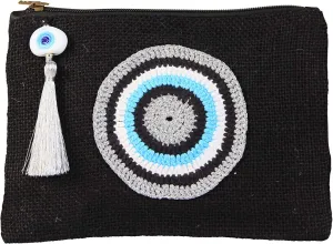 Evil Eye Jute Small Clutch/Pouch Bag Black-Silver Beach Bag Zipper Gift Bag with Tassel