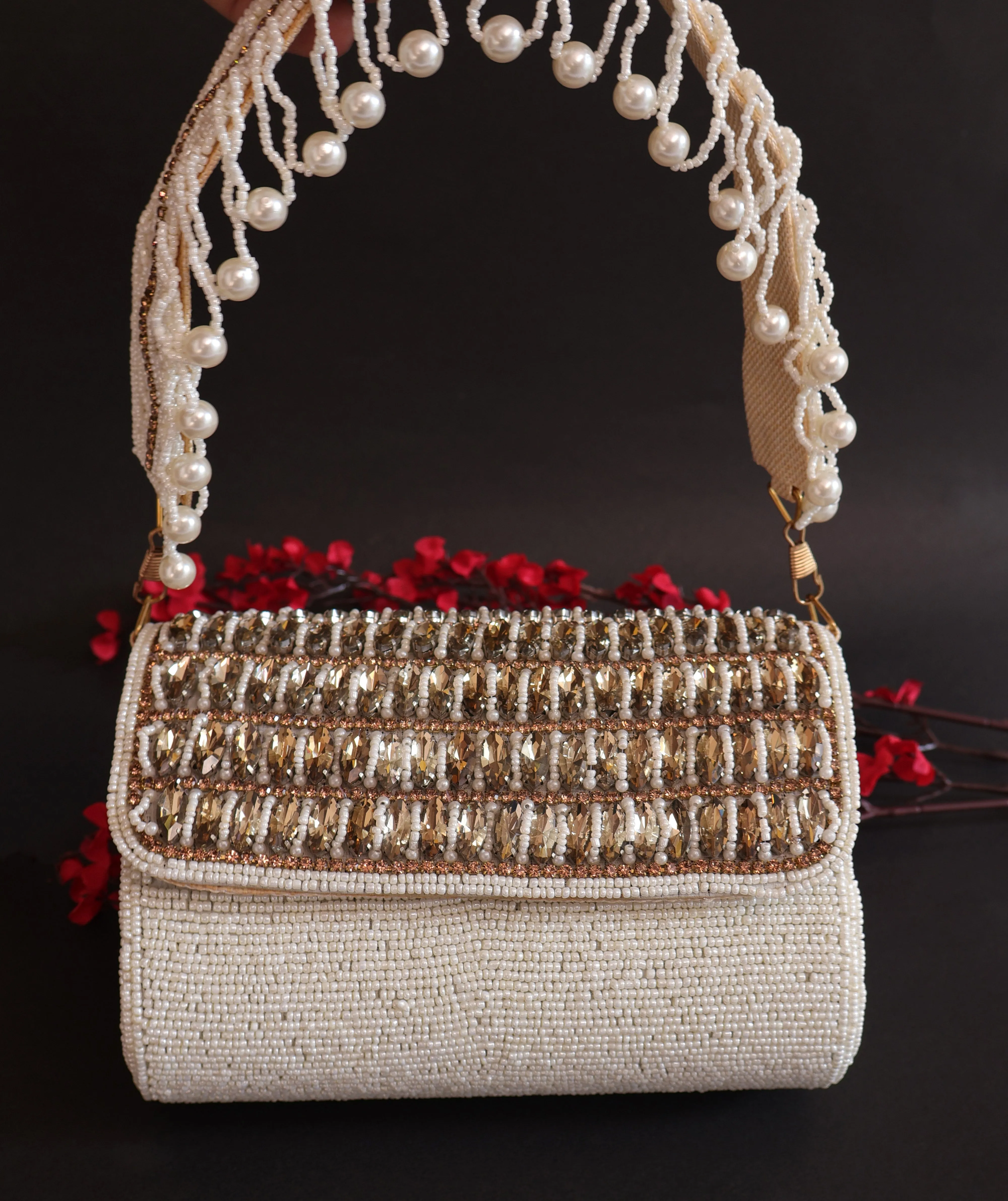 Exquisite White Indian Beaded Bridal Clutch Bag
