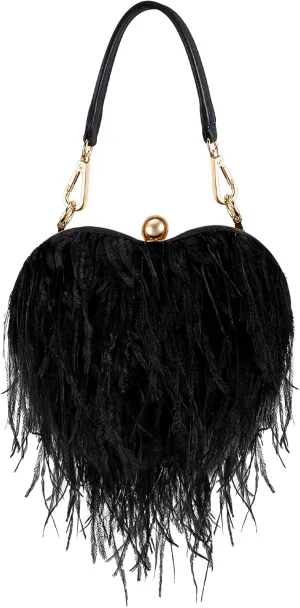 Fabbay Women Ostrich Feather Tote Bag Heart Shaped Fluffy Purse Clutch Purse Feather Evening Handbag for Wedding Party(Black)