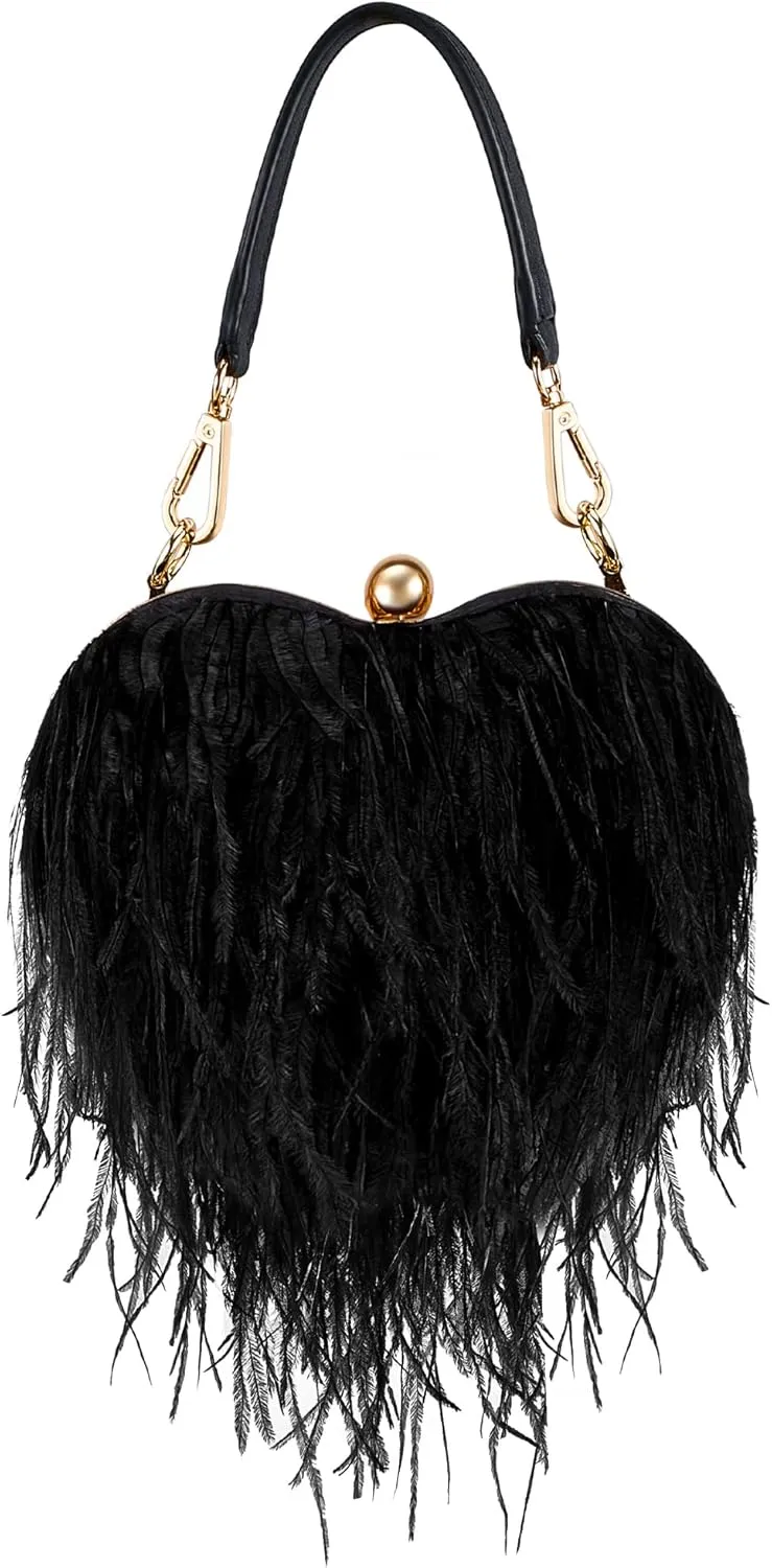 Fabbay Women Ostrich Feather Tote Bag Heart Shaped Fluffy Purse Clutch Purse Feather Evening Handbag for Wedding Party(Black)