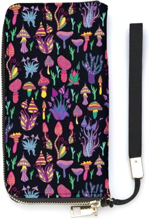 Fantastic Mushrooms Rainbow Women's Leather Long Large Capacity Wallet Clutch Wallet with Hand Strap, 20x10.5cm, style-1-6