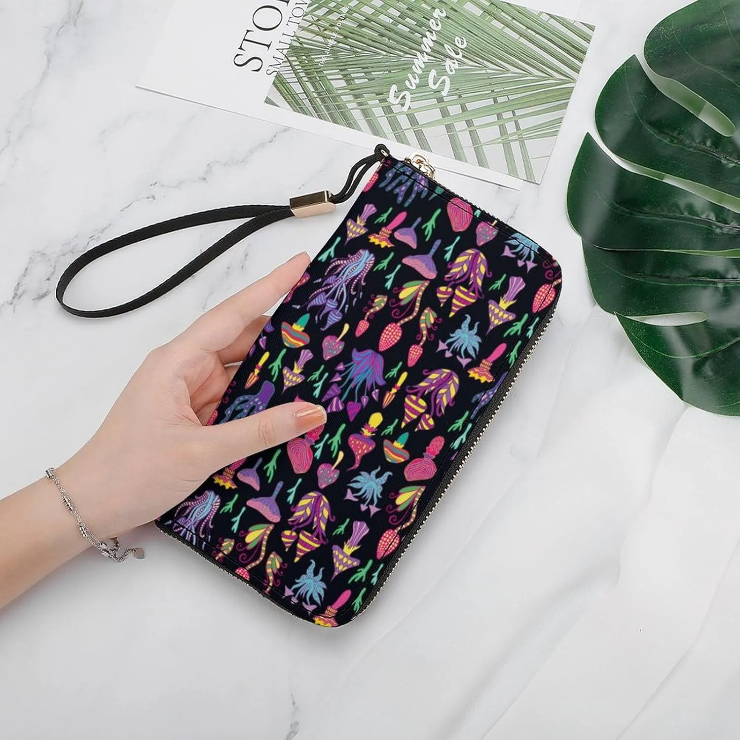 Fantastic Mushrooms Rainbow Women's Leather Long Large Capacity Wallet Clutch Wallet with Hand Strap, 20x10.5cm, style-1-6