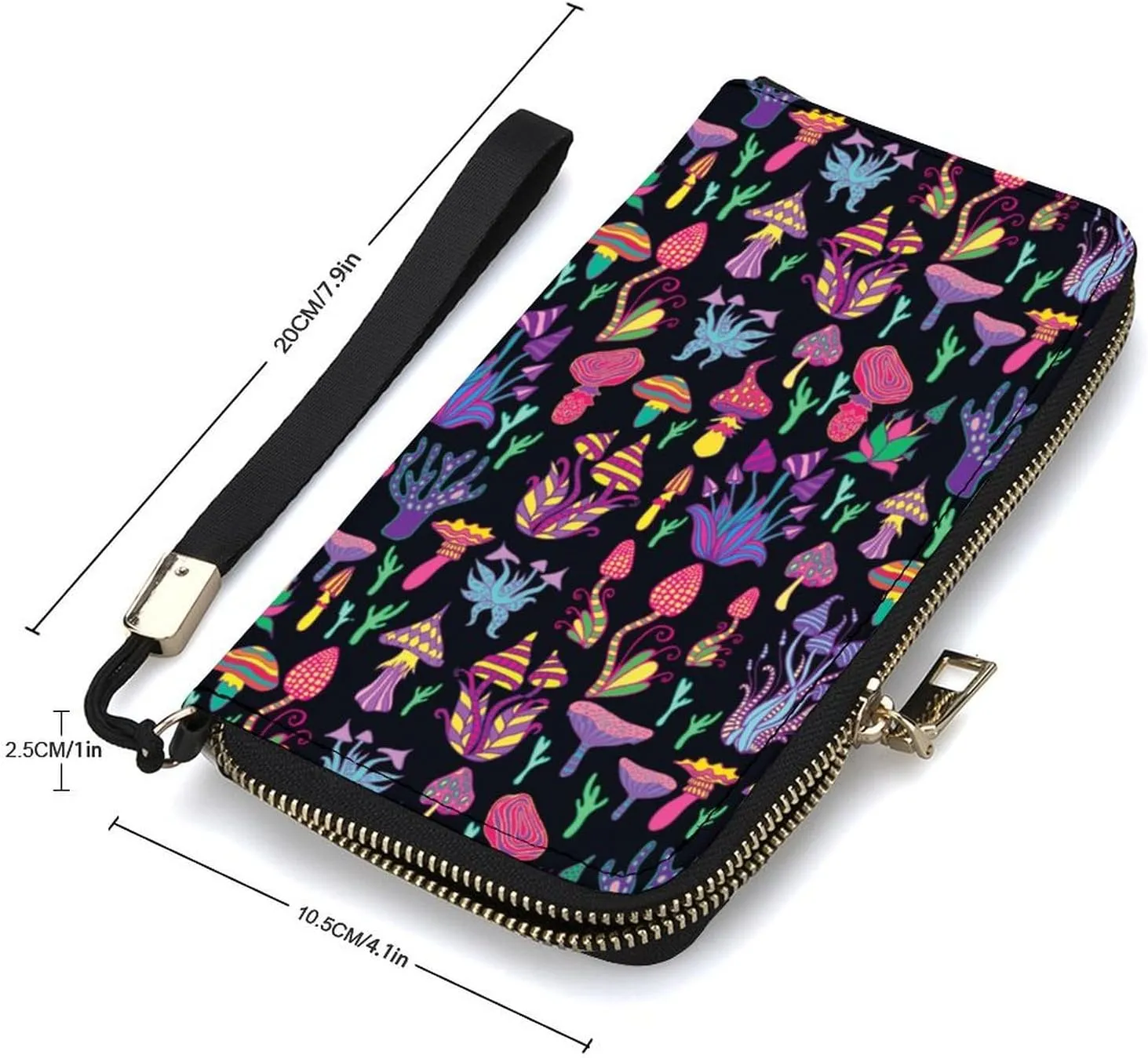 Fantastic Mushrooms Rainbow Women's Leather Long Large Capacity Wallet Clutch Wallet with Hand Strap, 20x10.5cm, style-1-6