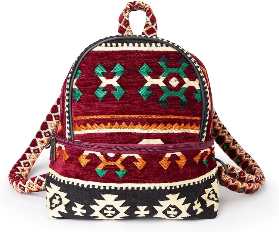 Fashion Backpack Purse for Women, Vintage Boho-Hippie Shoulder Daypack, Small Casual Bag, Ethnic Turkish Pattern Embroidered Chenille Woven Backpacks, Stylish Design Cute Travel Bags
