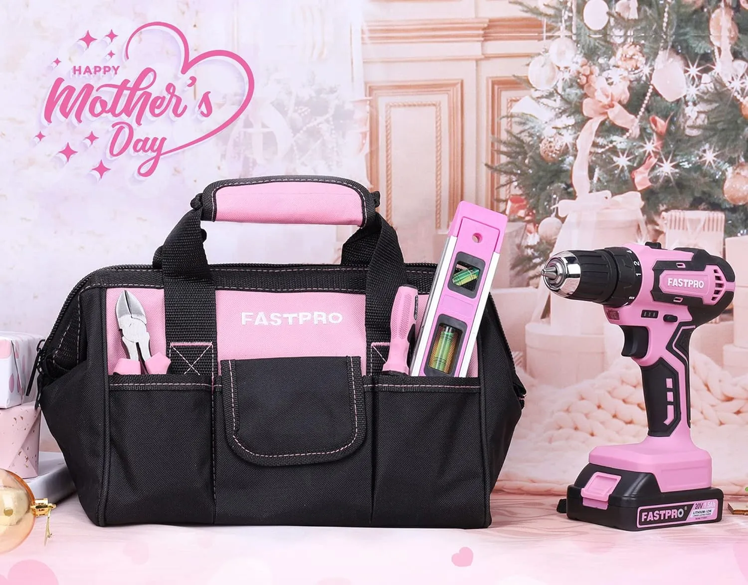 FASTPRO 232-Piece 20V Pink Cordless Lithium-ion Drill Driver and Home Tool Set, Lady's Repairing Kit with 12-Inch Wide Mouth Open Storage Bag