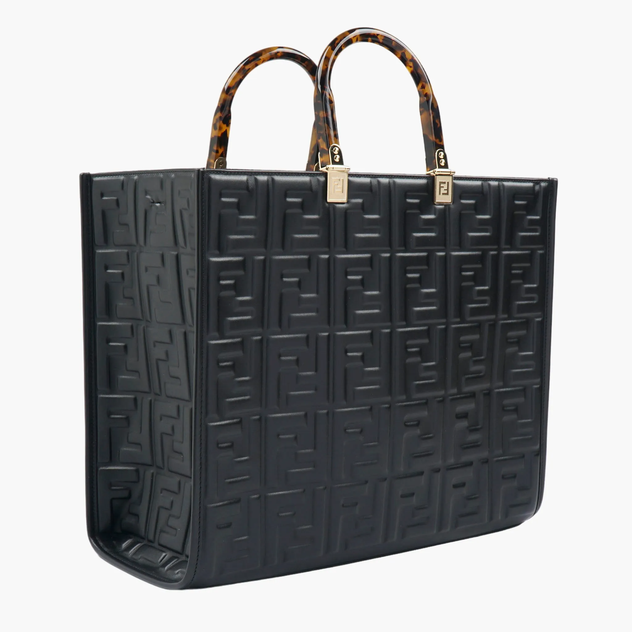 FENDI Designer Handbag in Embossed Black Leather with Tortoiseshell Handles - Made in Italy