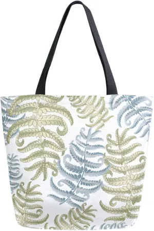 Fern Frond Herbs Canvas Tote Bag Tropical Forest Plant Leaves Women Shoulder Bag Reusable Grocery Bags Large Handbag Travel Shopping Bag Gift Outdoors
