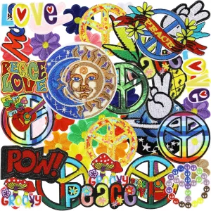 Ferraycle 48 Pcs Iron On Patches Hippie Embroidered Patches Random Assorted Styles Kit Aesthetic Repair Appliques for Sewing DIY Jacket Hat Clothing Backpack Jean 1970s Party