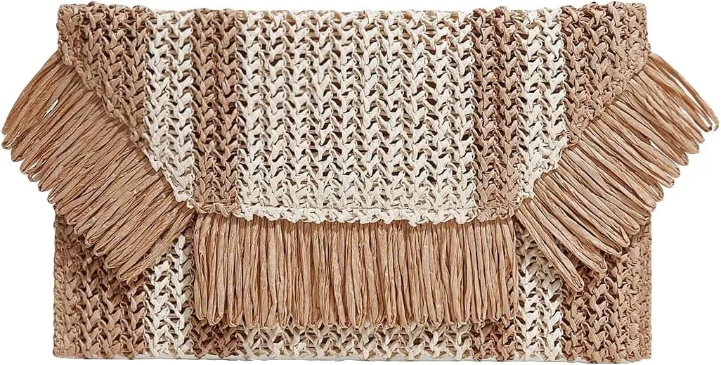 Floerns Women's Woven Straw Envelope Fringe Trim Rattan Beach Clutch Handbag