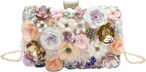 Floral Evening Bag for Women Beaded Clutch Purse with Sequins & Rhinestone Wedding Party Handbag with Chains