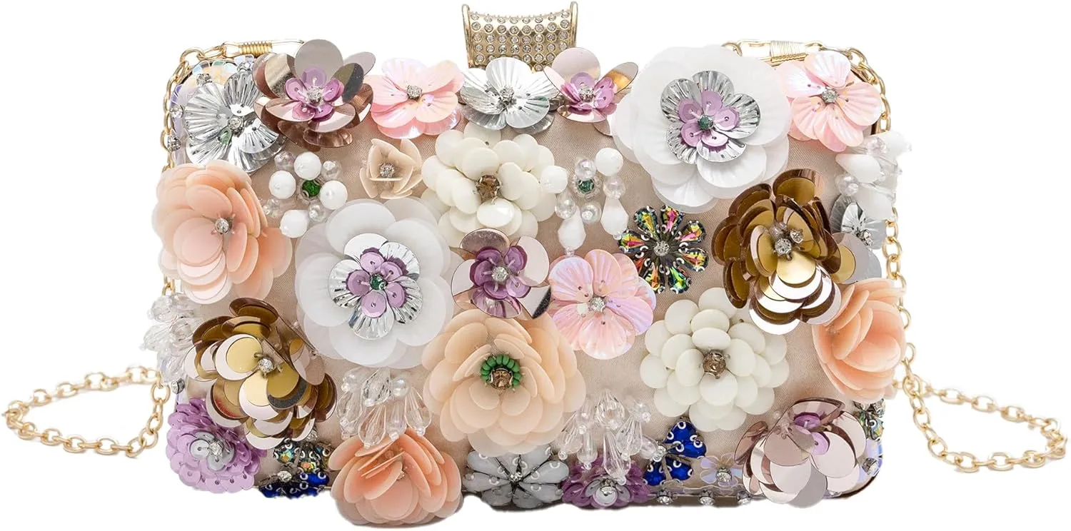 Floral Evening Bag for Women Beaded Clutch Purse with Sequins & Rhinestone Wedding Party Handbag with Chains