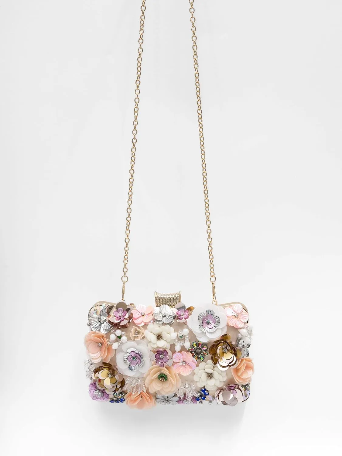 Floral Evening Bag for Women Beaded Clutch Purse with Sequins & Rhinestone Wedding Party Handbag with Chains