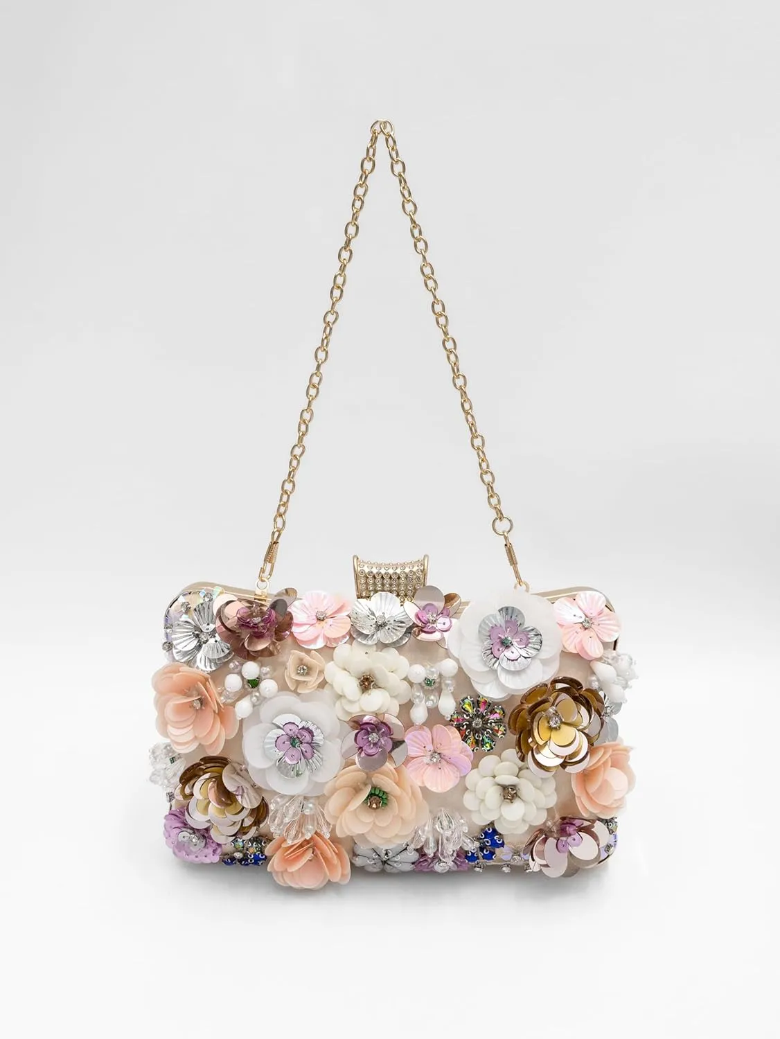 Floral Evening Bag for Women Beaded Clutch Purse with Sequins & Rhinestone Wedding Party Handbag with Chains