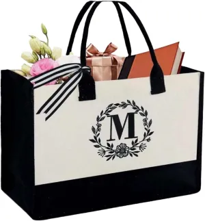 Flower and M Initial Letter Print Tote Bag with No Zipper Fashion Canvas Shoulder Bag, Portable for Travel, Beach, Shopping Bag, Gift Bag For Women's Day and others, Large, Off-white
