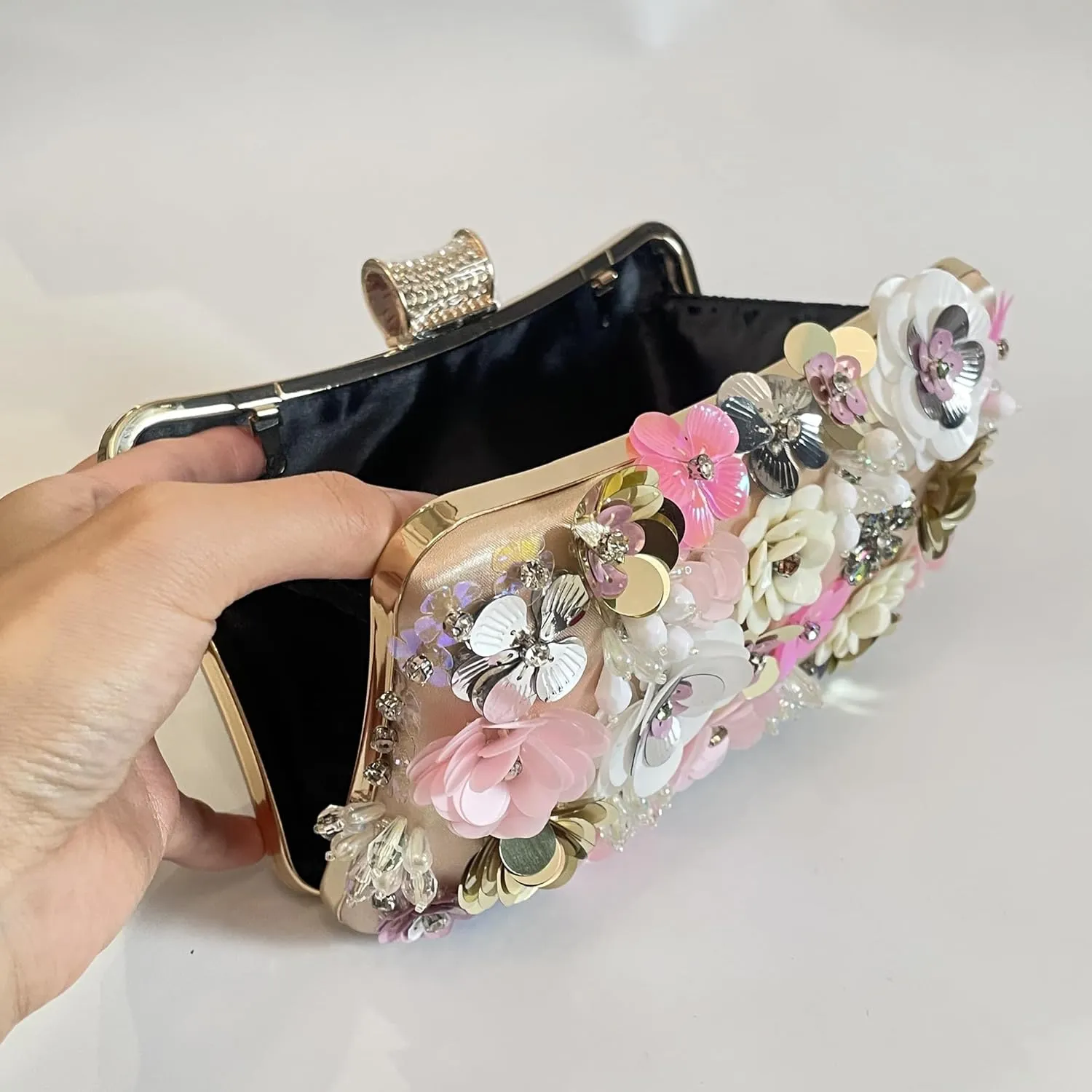 Flower Clutch Purse for Women- Elegant Evening Bag for Wedding Brides & Party, Beaded Formal Wristlet Purses